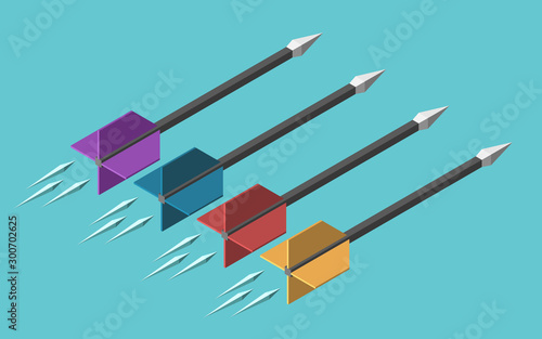 Four isometric flying arrows