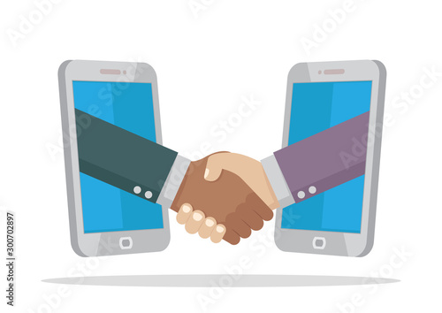 Cartoon character, Two Businessman handshake in smartphone.
