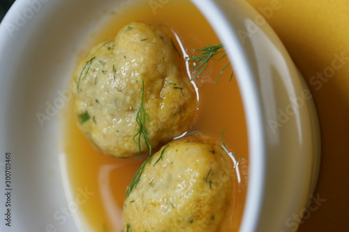 Close up of matzah balls in bowl