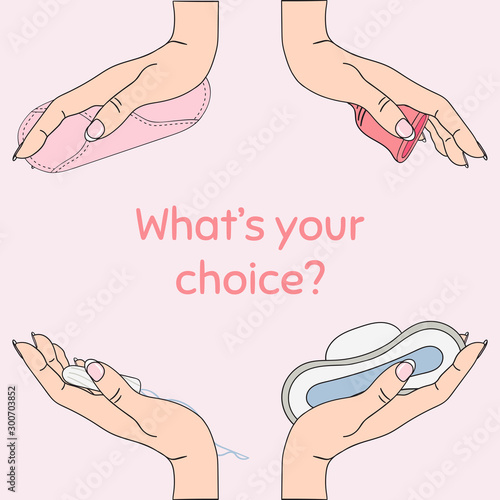 Pink flat poster with menstrual cup, pad and tampon in woman hand