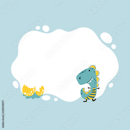 Dinosaur. Vector illustration of a dino with a blot frame in simple cartoon hand-drawn style. Template for your text or photo. Ideal for cards, invitations, party, kindergarten, preschool 