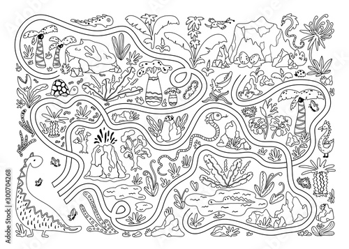 Coloring Dino Maze . Cool kids mini game for development. Black white illustration in a simple cartoon style. Help mom dinosaur get to the eggs through the dangerous jungle.