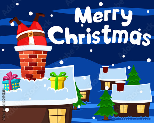 Santa stuck in chimney on roof of house, Christmas background.