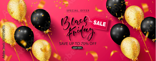 Black friday sale background with beautiful balloons and flying serpentine. Modern design.Universal vector background for poster, banners, flyers, card,advertising brochure