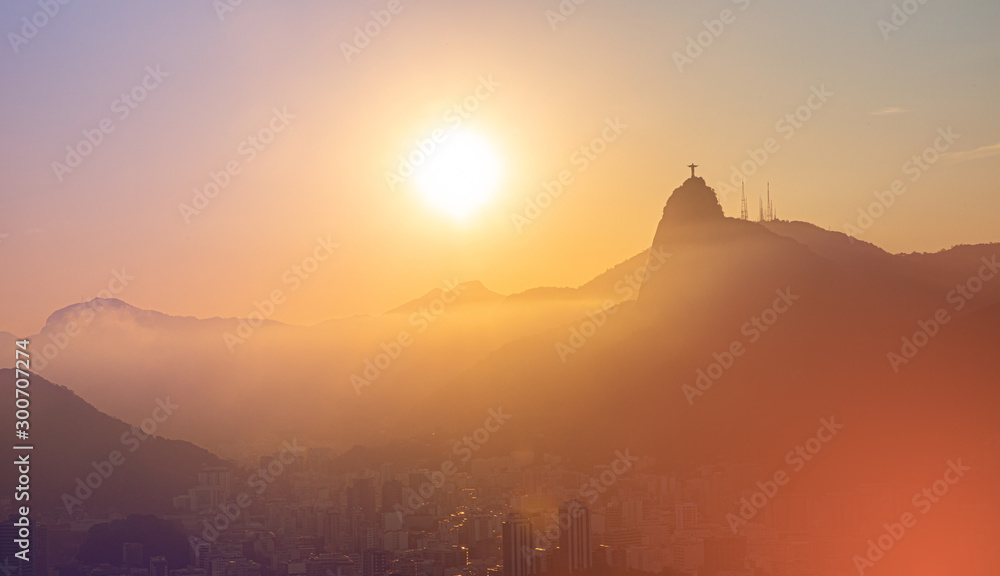 Background art of Rio de Janeiro. Sugar Loaf, Corcovado, Christ the Redeemer and Guanabara bay, Rio de Janeiro, Brazil