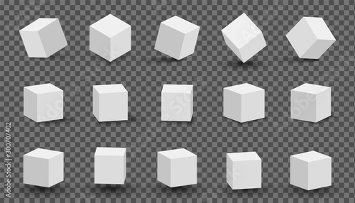 White cubes set. 3D abstract box with shadow. Geometric set. Paper square empty package. Gift box or shoebox.