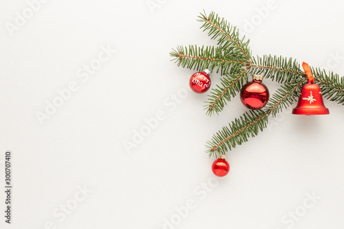Christmas composition.Fir bauble top view background with copy space for your text. Flat lay.