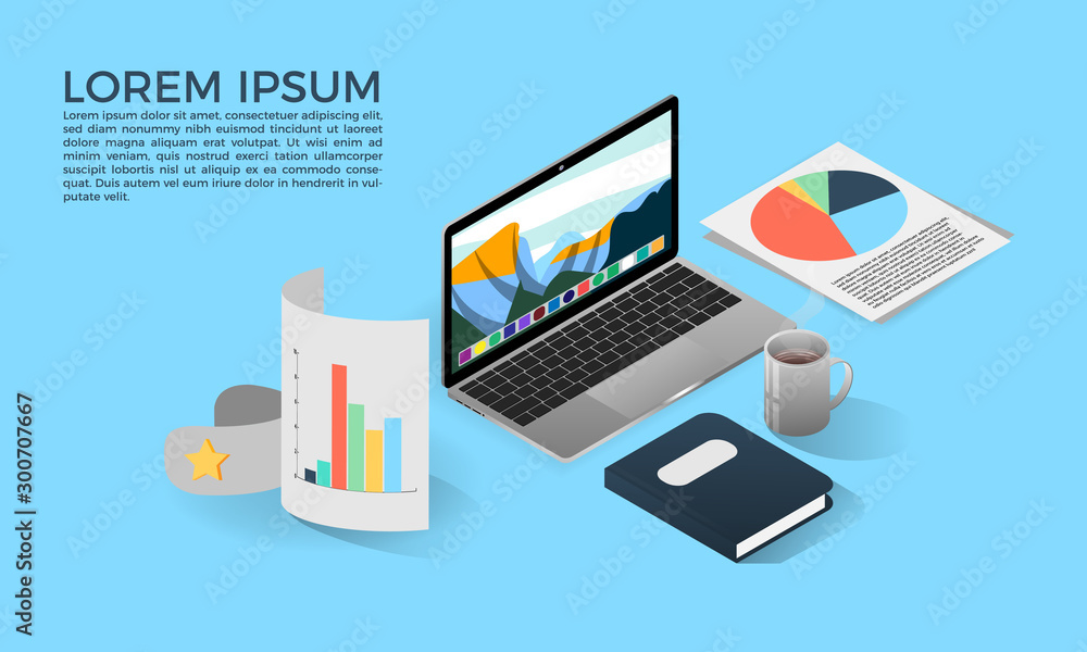 Isometric vector illustration with laptop, book and graphs. Office workspace. Isometric vector illustration with laptop, book and graphs. Office workspace.