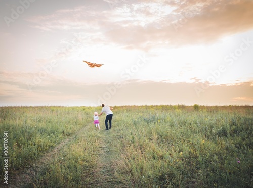 happy family dad and child run on meadow with a kite in the summer on the nature.vintage style.
