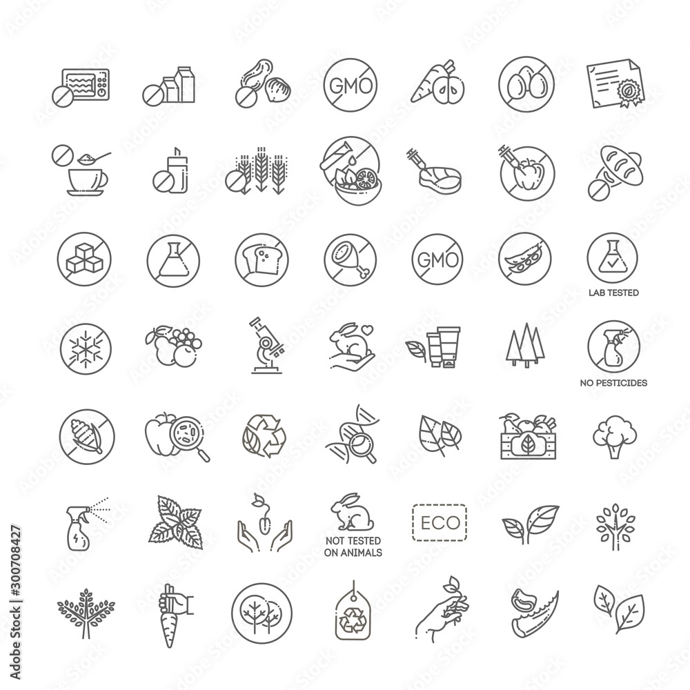 Natural food flat line icons set. Thin signs for packaging Natural food flat line icons set. Thin signs for packaging