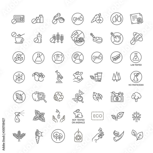 Natural food flat line icons set. Thin signs for packaging