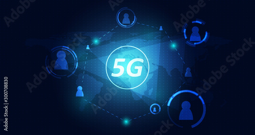 Abstract 5G wireless internet wifi network technology concept map network digital internet wireless on blue background.