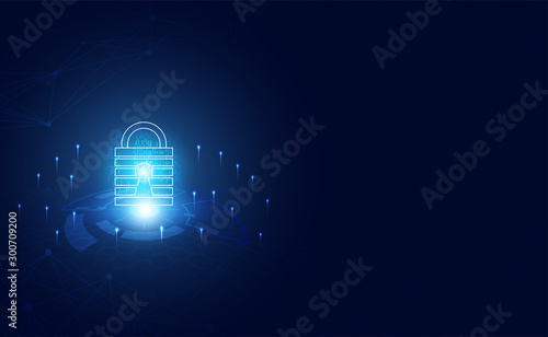 Abstract technology cyber security privacy information network concept padlock protection digital network internet link on hi tech blue future background