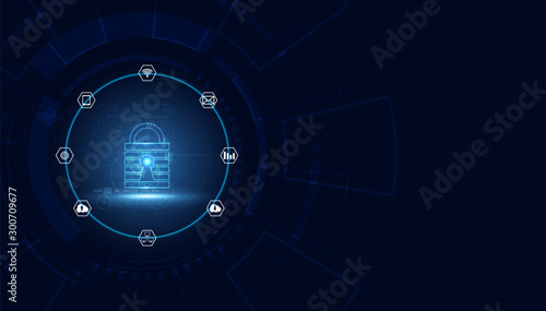 Abstract blue vector illustration with a futuristic concept against cyber threat In the form of icons, consisting of business icons, communications, connections, internet protection.