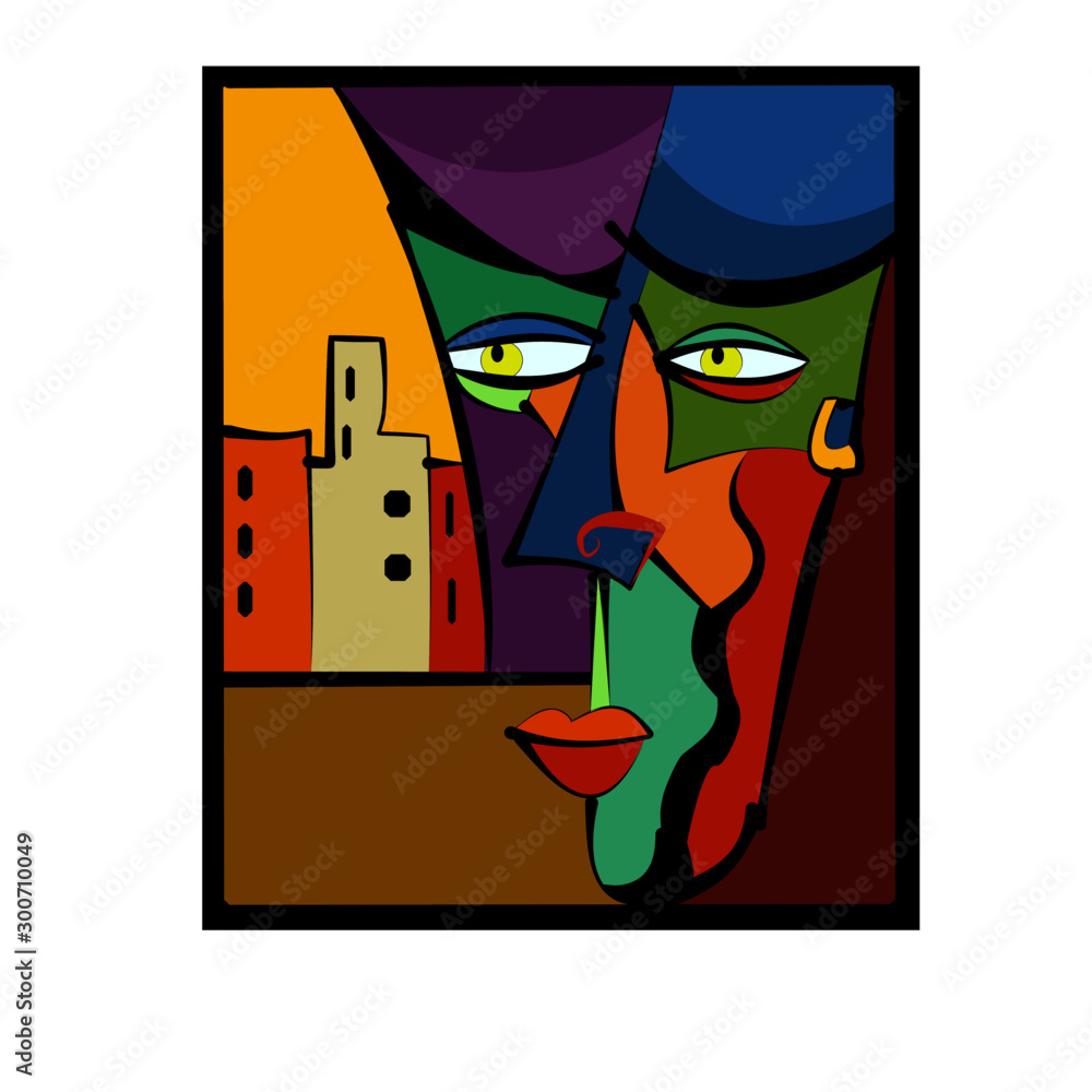 Colorful abstract background, cubism art style, man in the city