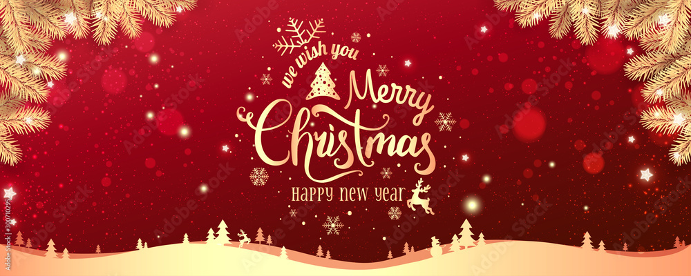 Gold Christmas and New Year Typographical on red Xmas background with ...