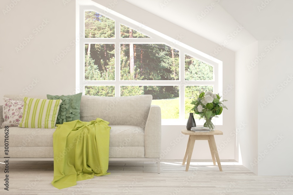 Fototapeta premium Mock up of stylish room in white color with sofa. Scandinavian interior design. 3D illustration