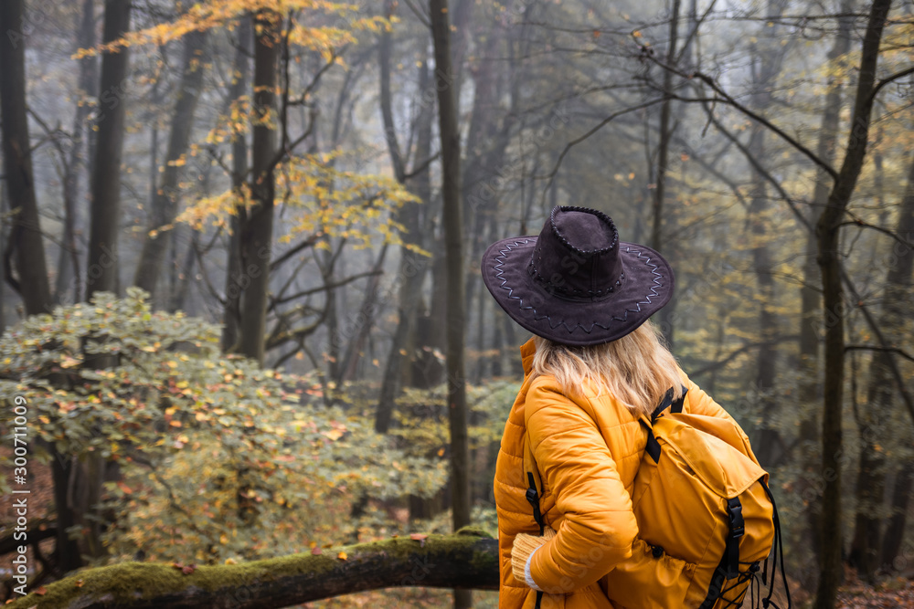Hiker with hat and backpack looking into misty forest