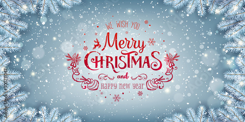 Red Christmas and New Year Text on blue Xmas background with snow fir branches, snowflakes, light, stars. Merry Christmas card. Vector Illustration