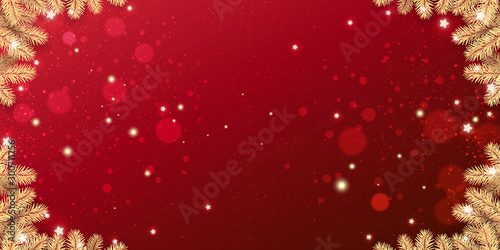 Gold Christmas fir branches on red background with bokeh, snowflakes, light, stars. Merry Christmas and New Year card. Vector Illustration, Xmas holiday