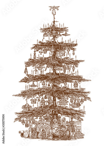 Christmas tree vintage illustation. Hand drawn holiday decor element