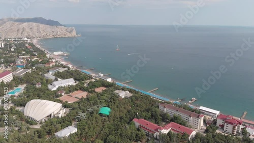 The view from the heights of the resort town of Sudak located on the Crimean peninsula. Russia. A popular destination for vacations and holidays on the Black Sea.