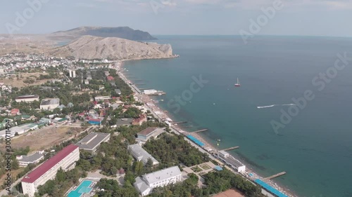 The view from the heights of the resort town of Sudak located on the Crimean peninsula. Russia. A popular destination for vacations and holidays on the Black Sea.