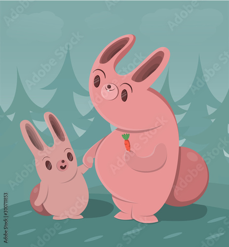 rabbit mother holds out a carrot to the rabbit to a child on a background of blue forest