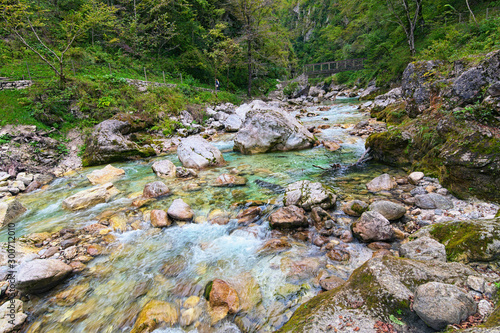 Astonishing view of Tolmin Gorge (Tolminska Korita). It located on the southern end of Triglav National Park. Concept of landscape and nature. Tolmin. Soca Valley, Slovenia. Travel and tourism concept photo