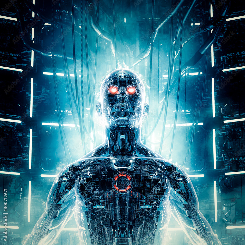 Fototapeta Maximum power achieved / 3D illustration of futuristic metallic science fiction male humanoid cyborg recharging inside computer core