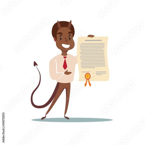 Evil businessman offering contract. Devil's contract. Vector illustration