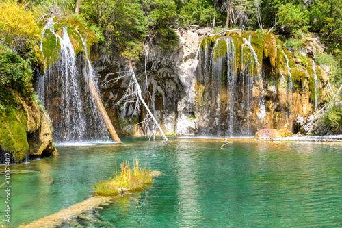 Waterfalls and crystal clear water at Hanging Lake park in Colorado, USA