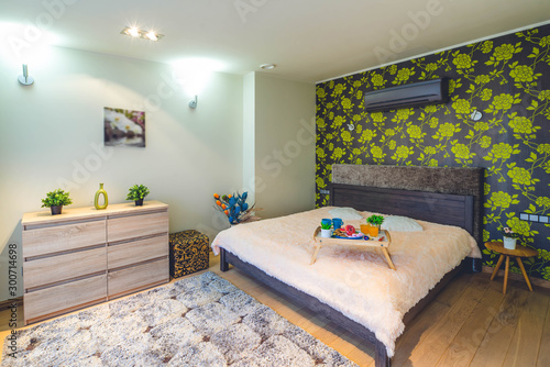 Wallpaper Mural Bedroom in modern apartment. Interior. Light spacious room. King-size bed. Torontodigital.ca