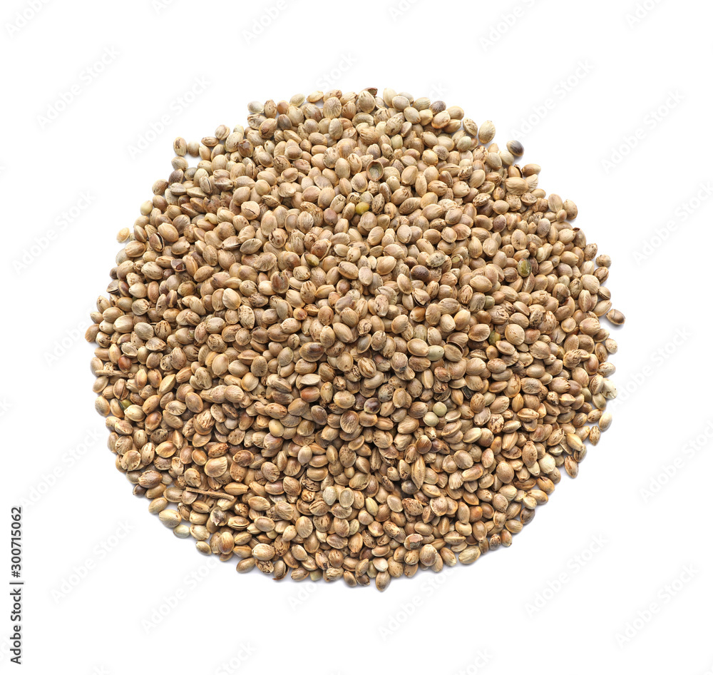 Pile of hemp seeds on white background, top view Pile of hemp seeds on white background, top view