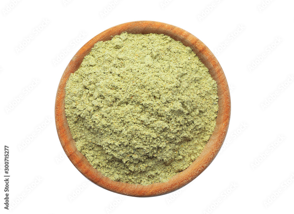 Bowl of hemp protein powder isolated on white, top view Bowl of hemp protein powder isolated on white, top view