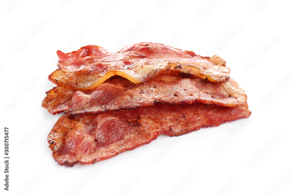 Slices of tasty fried bacon on white background