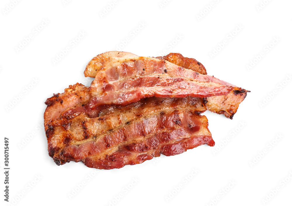 Slices of tasty fried bacon on white background Slices of tasty fried bacon on white background