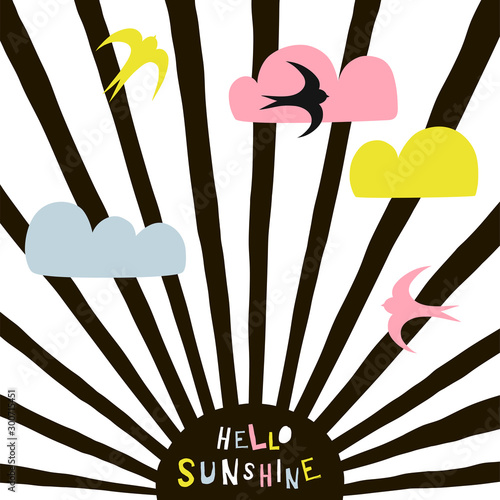 Childish illustration with black sun, colourful clouds, birds and text. Hello sunshine paper cut style lettering. Typographic print for kids nursery design.