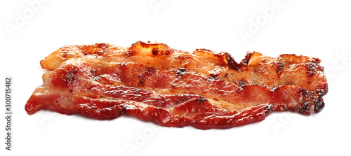 Slice of tasty fried bacon on white background