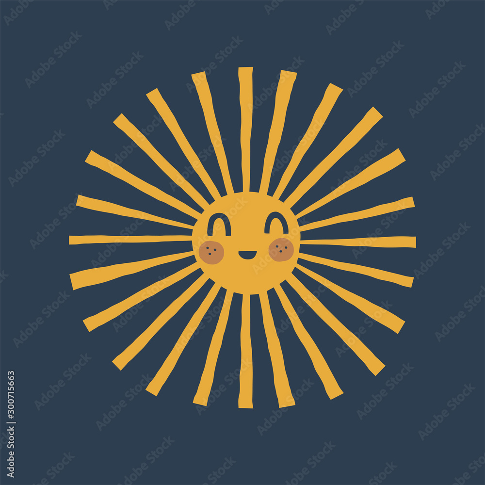 Cute little sun cartoon character with kawaii face. Scandinavian style  childish sunny illustration on navy blue background. Cute solar vector clip  art. Nursery poster print design idea. vector de Stock | Adobe