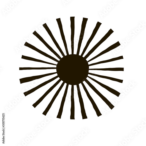 Simple solar shape clip art in vector. Black sun circle with rays design element isolated on white. Decorative sunny icon in paper cut style.