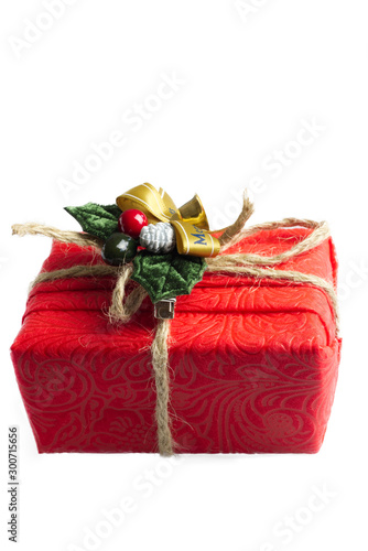 Christmas composition. Red Gifts box, wooden Christmas decorations on white background. Christmas, winter, new year concept. Flat lay, top view, copy spac