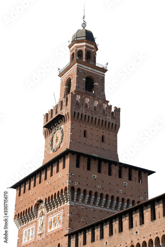 Detail of the clock tower of the Sforza Castle XV century (Castello Sforzesco) isolated on white background. It is one of the main symbols of the city of Milan, Lombardy, Italy, Europe © Alberto Masnovo