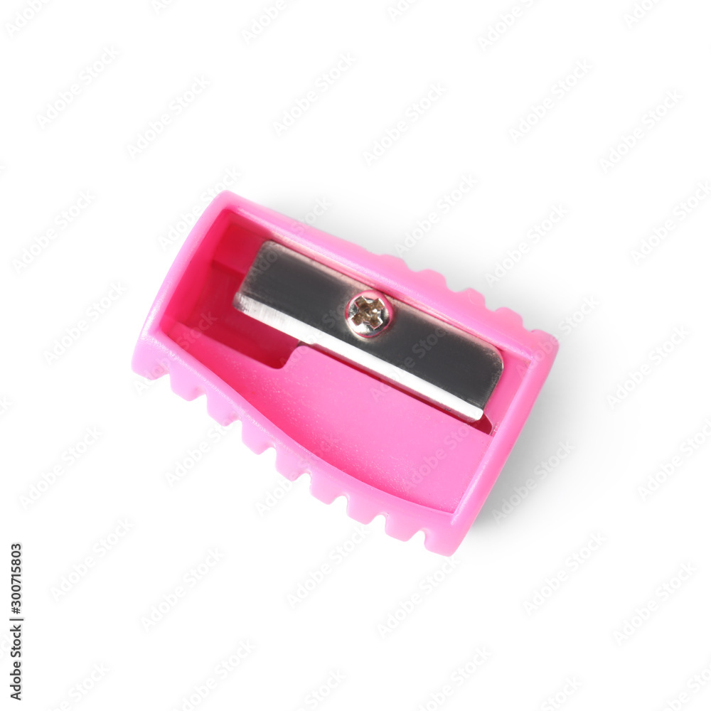 Modern pink pencil sharpener on white background, top view