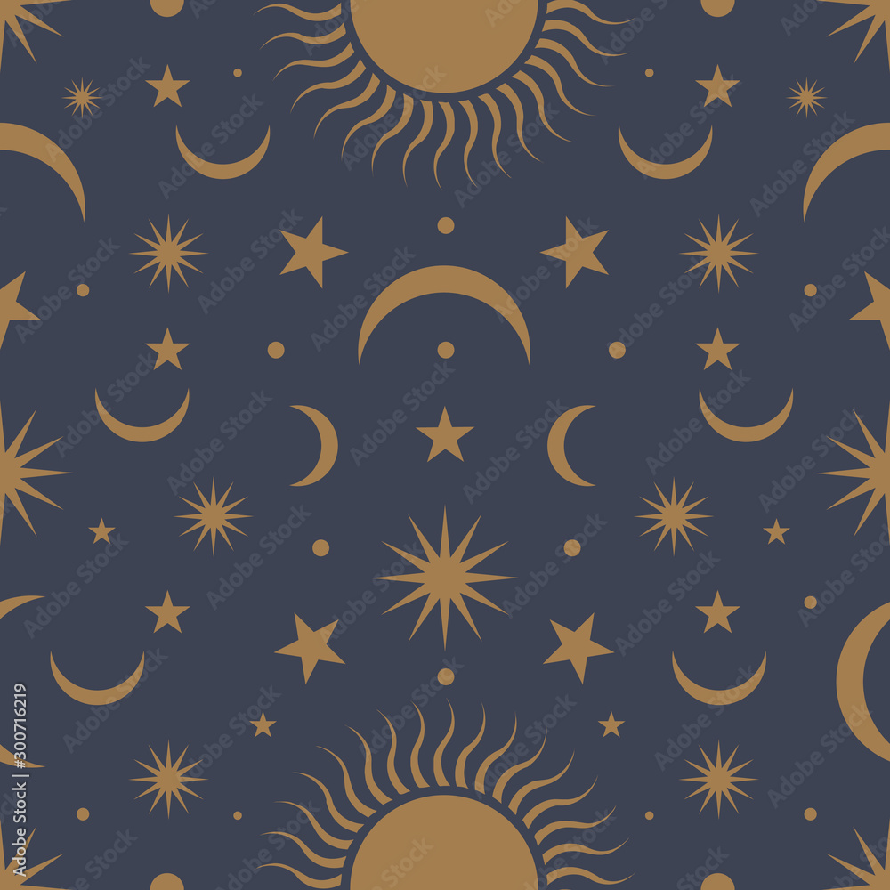 Moon, sun and stars, seamless ornamental pattern - obrazy, fototapety, plakaty 