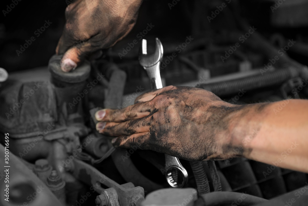 Dirty mechanic fixing car, closeup of hands Dirty mechanic fixing car, closeup of hands