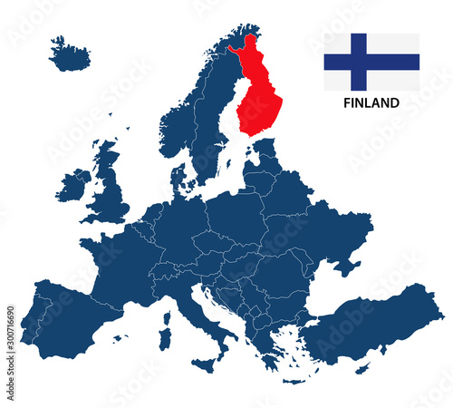 Fotografie, Obraz Simple illustration of a map of Europe with highlighted Finland and Finnish flag