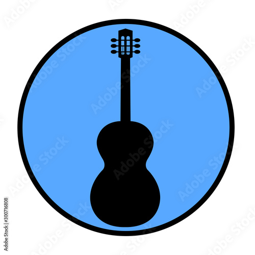 Musical round icon with a black silhouette of a guitar. Blue background. Vector illustration.