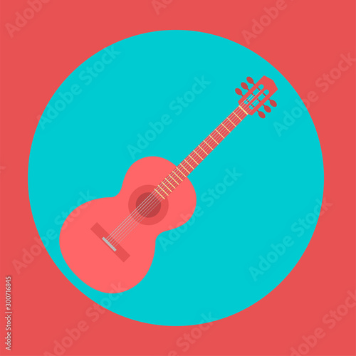 Red guitar on a round green background. Vector illustration of a musical instrument.