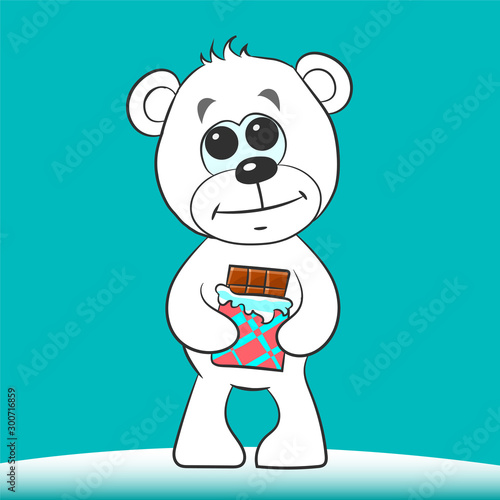 Northern white teddy bear stands with a donated chocolate. Thankful smile. Vector cartoon illustration.